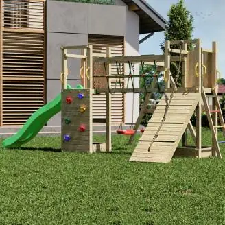 Parque infantil de madera Fungoo Maxi Exposure con tobogán, columpios, puente y estructura de escalada