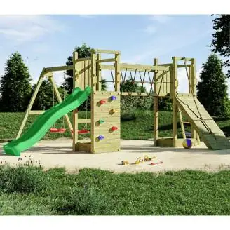 Parque infantil de madera Fungoo Maxi Exposure con tobogán, columpios, puente y estructura de escalada