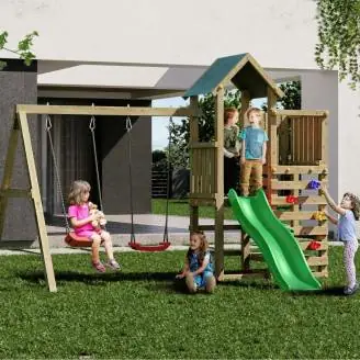Parque infantil de madera Chester de Fungoo con tobogán, columpio y estructura de escalada