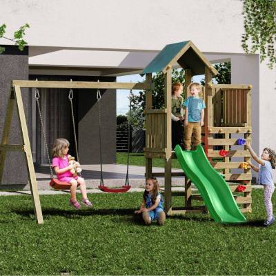 Parque infantil de madera Chester de Fungoo con tobogán, columpio y estructura de escalada