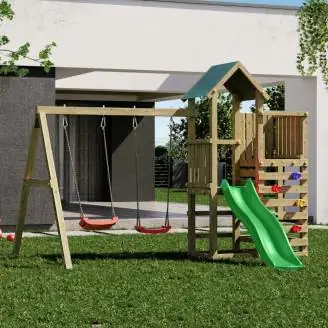 Parque infantil de madera Chester de Fungoo con tobogán, columpio y estructura de escalada