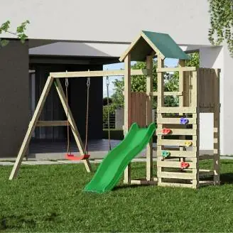 Parque infantil de madera Chester de Fungoo con tobogán, columpio y estructura de escalada