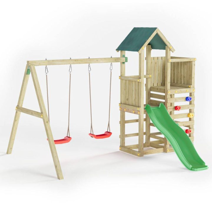 Parque infantil de madera Chester de Fungoo con tobogán, columpio y estructura de escalada