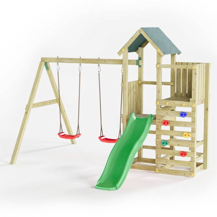 Parque infantil de madera Chester de Fungoo con tobogán, columpio y estructura de escalada
