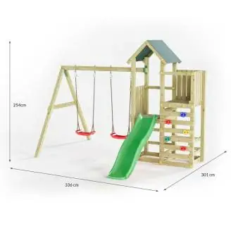 Parque infantil de madera Chester de Fungoo con tobogán, columpio y estructura de escalada