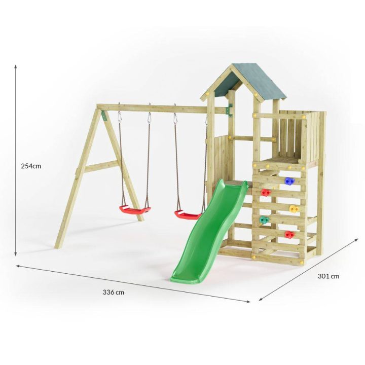 Parque infantil de madera Chester de Fungoo con tobogán, columpio y estructura de escalada