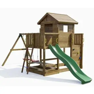Casa de juegos de madera Fungoo Mars con tobogán, columpio, mesa de picnic y estructura de escalada