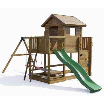 Casa de juegos de madera Fungoo Mars con tobogán, columpio, mesa de picnic y estructura de escalada