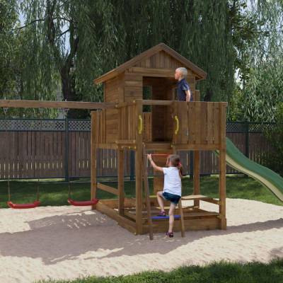 Casa de juegos de madera Fungoo Mars con tobogán, columpio, mesa de picnic y estructura de escalada