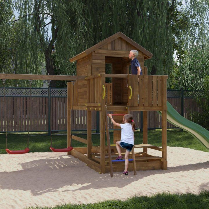 Casa de juegos de madera Fungoo Mars con tobogán, columpio, mesa de picnic y estructura de escalada