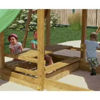 Casa de juegos de madera Fungoo Mars con tobogán, columpio, mesa de picnic y estructura de escalada