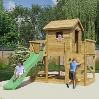Casa de juegos de madera Fungoo Mars con tobogán, columpio, mesa de picnic y estructura de escalada