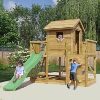 Casa de juegos de madera Fungoo Mars con tobogán, columpio, mesa de picnic y estructura de escalada