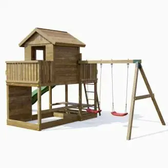 Casa de juegos de madera Fungoo Mars con tobogán, columpio, mesa de picnic y estructura de escalada