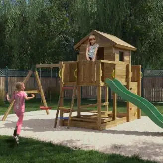 Casa de juegos de madera Fungoo Mars con tobogán, columpio, mesa de picnic y estructura de escalada