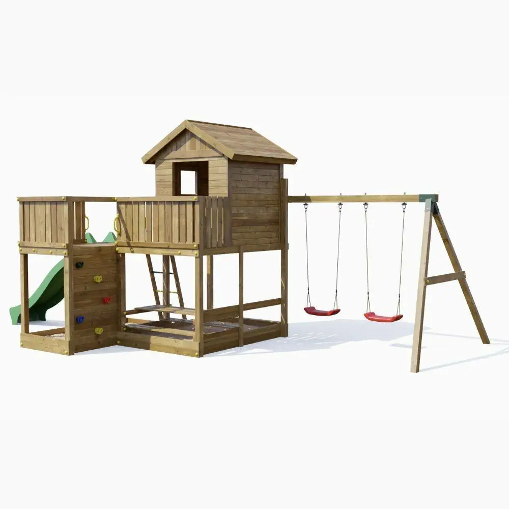 Casita de juegos de madera Fungoo Pluto con tobogán, dos columpios, mesa de picnic, estructura de escalada y arenero