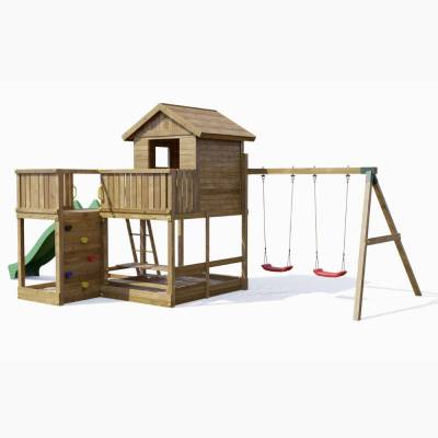 Casita de juegos de madera Fungoo Pluto con tobogán, dos columpios, mesa de picnic, estructura de escalada y arenero
