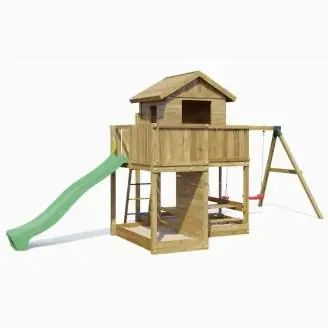 Casita de juegos de madera Fungoo Pluto con tobogán, dos columpios, mesa de picnic, estructura de escalada y arenero