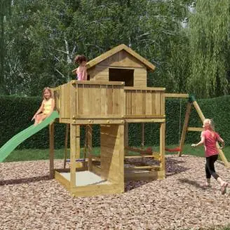 Casita de juegos de madera Fungoo Pluto con tobogán, dos columpios, mesa de picnic, estructura de escalada y arenero