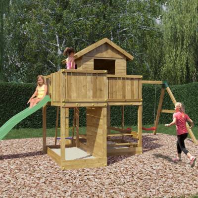 Casita de juegos de madera Fungoo Pluto con tobogán, dos columpios, mesa de picnic, estructura de escalada y arenero