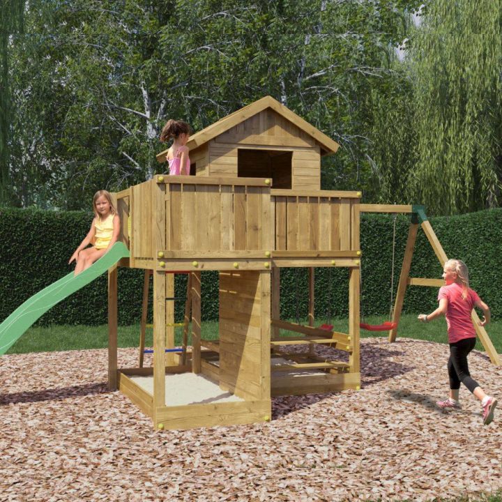 Casita de juegos de madera Fungoo Pluto con tobogán, dos columpios, mesa de picnic, estructura de escalada y arenero