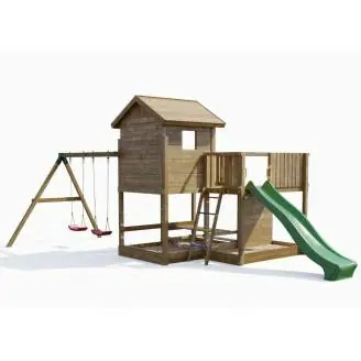 Casita de juegos de madera Fungoo Pluto con tobogán, dos columpios, mesa de picnic, estructura de escalada y arenero