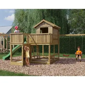 Casita de juegos de madera Fungoo Pluto con tobogán, dos columpios, mesa de picnic, estructura de escalada y arenero