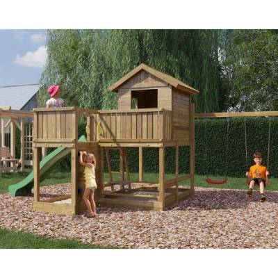 Casita de juegos de madera Fungoo Pluto con tobogán, dos columpios, mesa de picnic, estructura de escalada y arenero