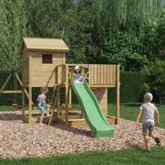 Casita de juegos de madera Fungoo Pluto con tobogán, dos columpios, mesa de picnic, estructura de escalada y arenero