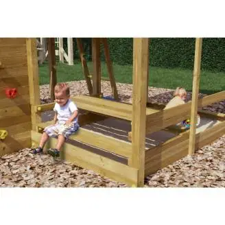 Casita de juegos de madera Fungoo Pluto con tobogán, dos columpios, mesa de picnic, estructura de escalada y arenero