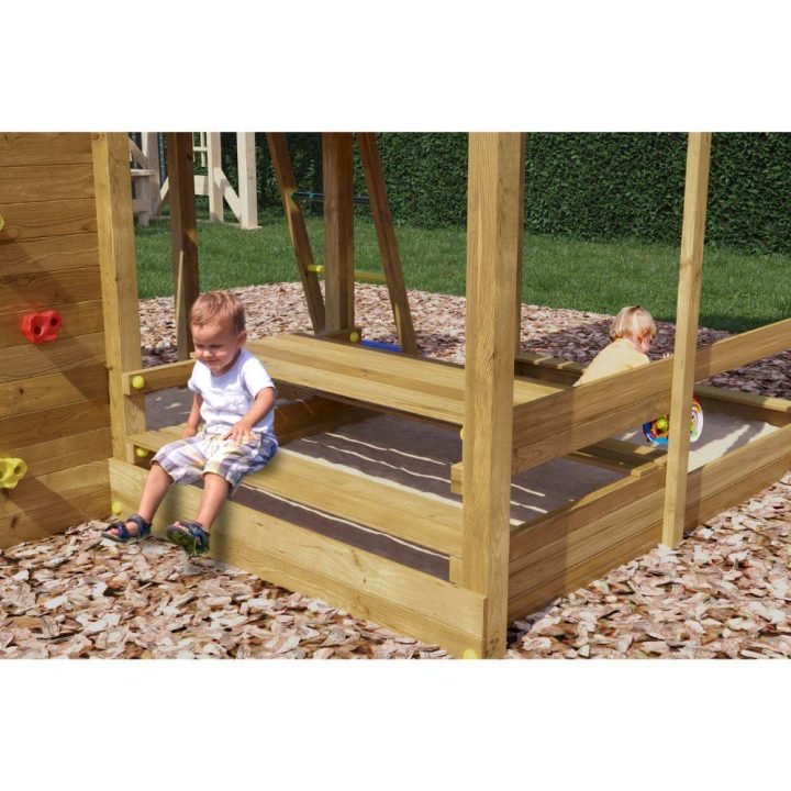 Casita de juegos de madera Fungoo Pluto con tobogán, dos columpios, mesa de picnic, estructura de escalada y arenero