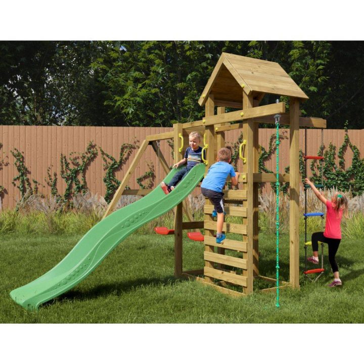 Parque infantil de madera Fungoo Mixter con tobogán, columpio doble y estructura de escalada