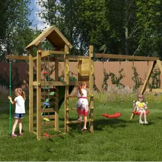 Parque infantil de madera Fungoo Mixter con tobogán, columpio doble y estructura de escalada