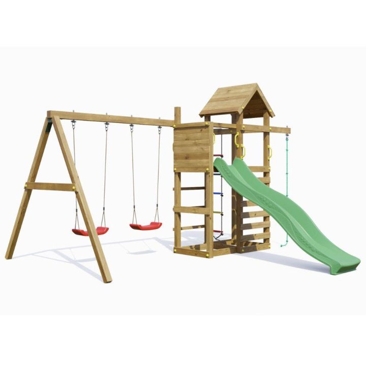 Parque infantil de madera Fungoo Mixter con tobogán, columpio doble y estructura de escalada