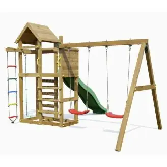Parque infantil de madera Fungoo Mixter con tobogán, columpio doble y estructura de escalada