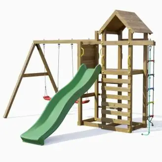 Parque infantil de madera Fungoo Mixter con tobogán, columpio doble y estructura de escalada