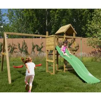 Parque infantil de madera Fungoo Mixter con tobogán, columpio doble y estructura de escalada