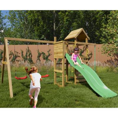 Parque infantil de madera Fungoo Mixter con tobogán, columpio doble y estructura de escalada