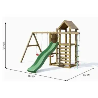 Parque infantil de madera Fungoo Mixter con tobogán, columpio doble y estructura de escalada