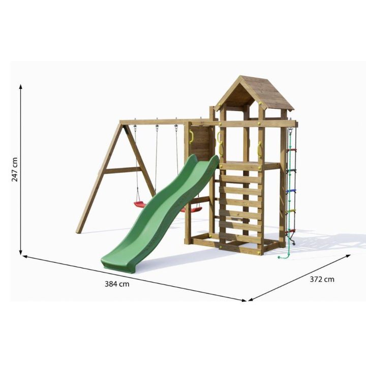 Parque infantil de madera Fungoo Mixter con tobogán, columpio doble y estructura de escalada