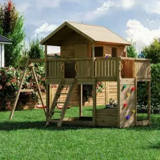 Casita de juegos doble de madera para jardín Fungoo Galaxy Sunshine para niños con columpios y zona de escalada