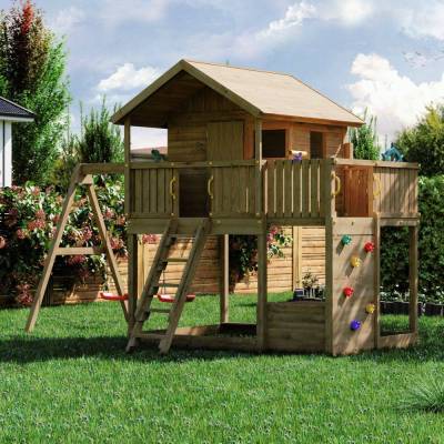 Casita de juegos doble de madera para jardín Fungoo Galaxy Sunshine para niños con columpios y zona de escalada