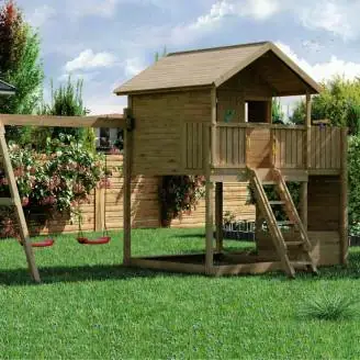 Casita de juegos doble de madera para jardín Fungoo Galaxy Sunshine para niños con columpios y zona de escalada