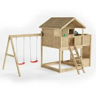 Casita de juegos doble de madera para jardín Fungoo Galaxy Sunshine para niños con columpios y zona de escalada