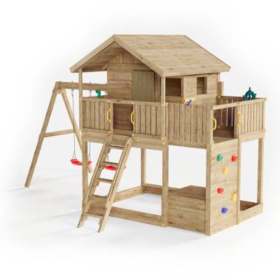 Casita de juegos doble de madera para jardín Fungoo Galaxy Sunshine para niños con columpios y zona de escalada