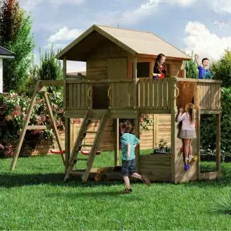 Casita de juegos doble de madera para jardín Fungoo Galaxy Sunshine para niños con columpios y zona de escalada