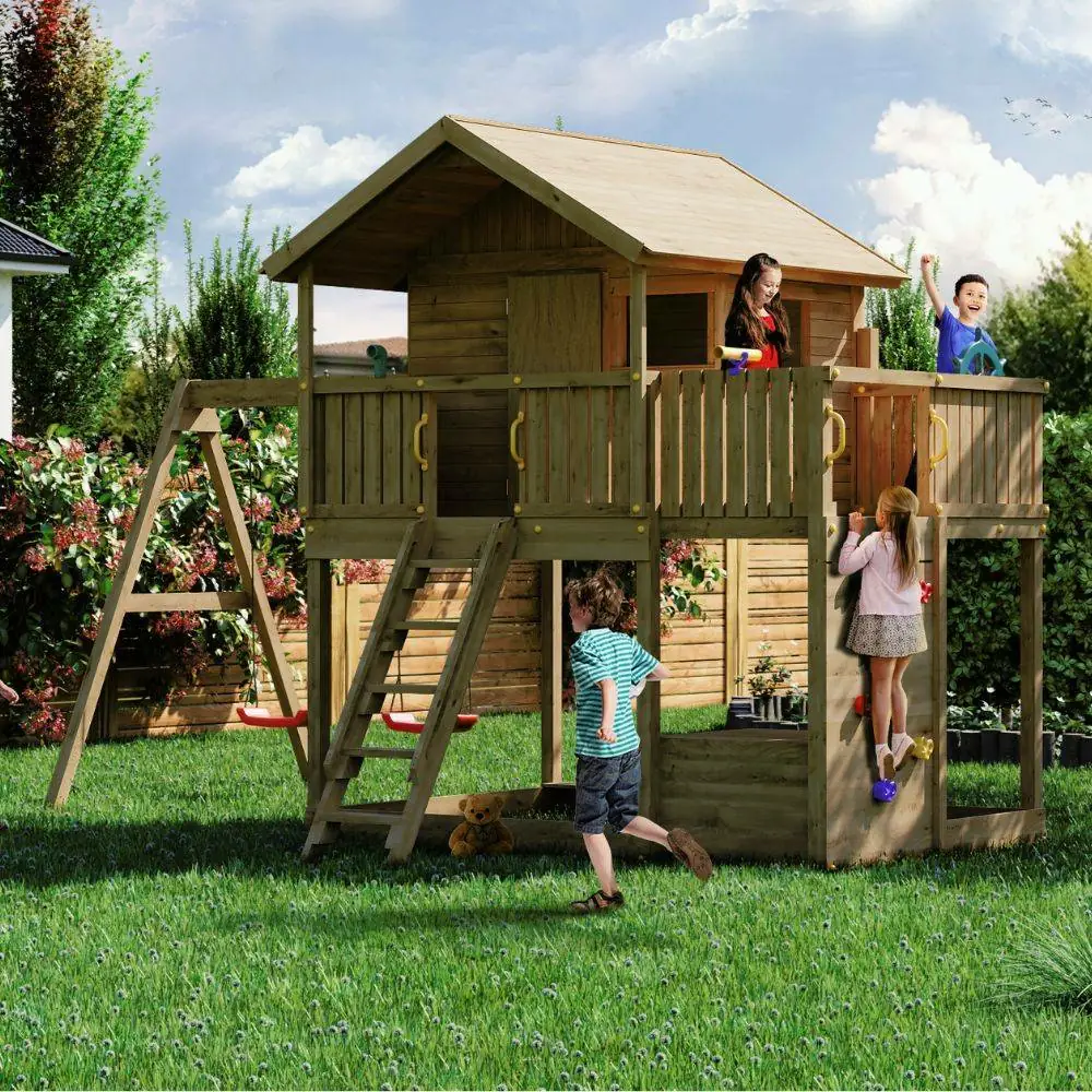 Casita de juegos doble de madera para jardín Fungoo Galaxy Sunshine para niños con columpios y zona de escalada