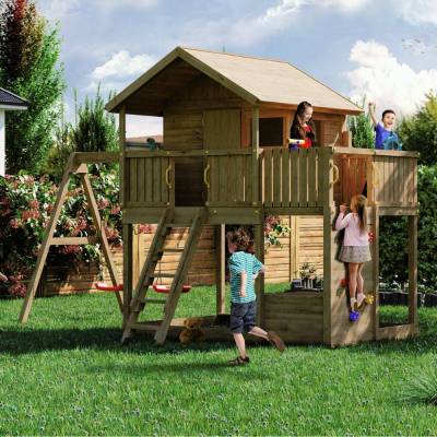 Casita de juegos doble de madera para jardín Fungoo Galaxy Sunshine para niños con columpios y zona de escalada