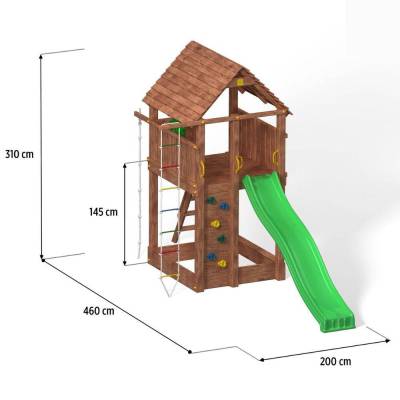 Parque infantil de madera Fungoo FORTRESS con tobogán, estructura de escalada y arenero