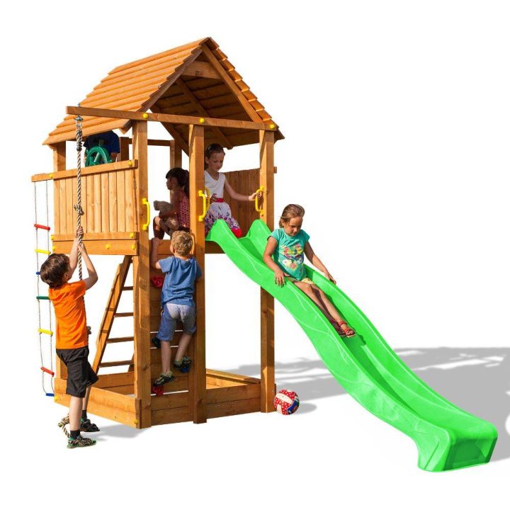 Parque infantil de madera Fungoo FORTRESS con tobogán, estructura de escalada y arenero